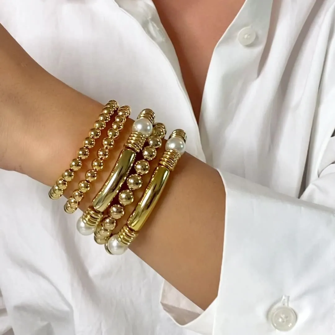 Gold Beaded Bracelet for Women Stackable Pearl Beads Bracelet Chunky Gold Bangle Stretch Tube Bead Bracelet Dainty Ball Bracelet for Women
