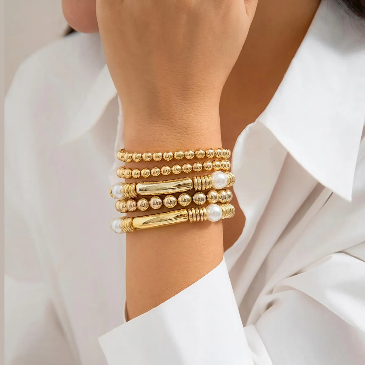 Gold Beaded Bracelet for Women Stackable Pearl Beads Bracelet Chunky Gold Bangle Stretch Tube Bead Bracelet Dainty Ball Bracelet for Women