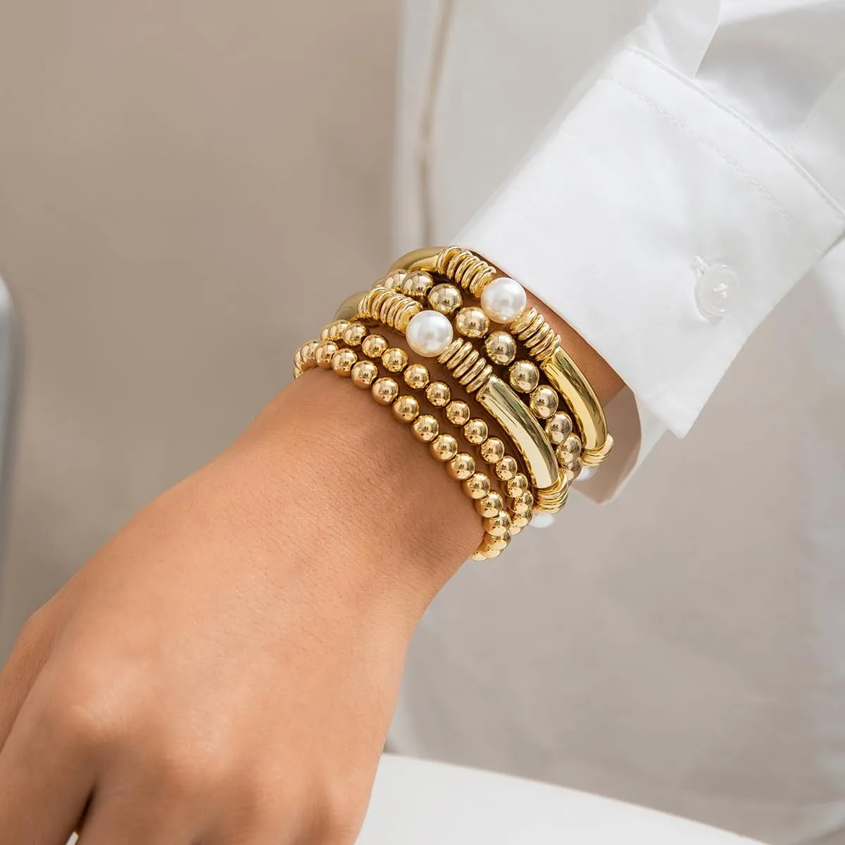 Gold Beaded Bracelet for Women Stackable Pearl Beads Bracelet Chunky Gold Bangle Stretch Tube Bead Bracelet Dainty Ball Bracelet for Women