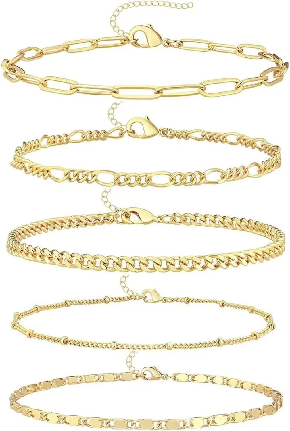 Gold Bracelets for Women - 18K Dainty Real Gold Plated Stackable Bracelets Set for Women - Trendy Waterproof Adjustable Link Bracelet - Figaro Cuban Paperclip Chain Bracelets Jewelry Gift