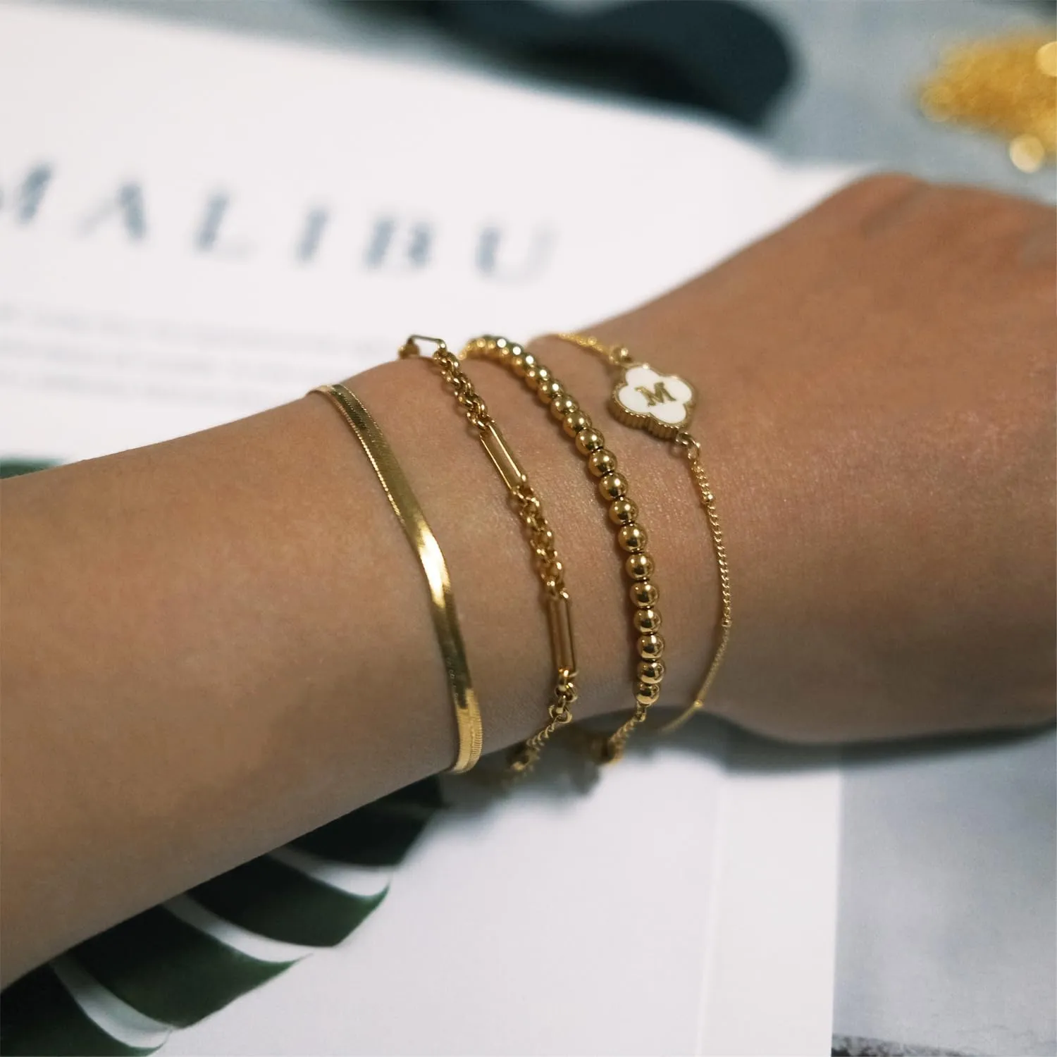 Gold Bracelets for Women, 24K Real Gold Plated A-Z Letter Sets Link Chain Bracelets Stack, Trendy Adjustable Bracelets Dainty Jewelry