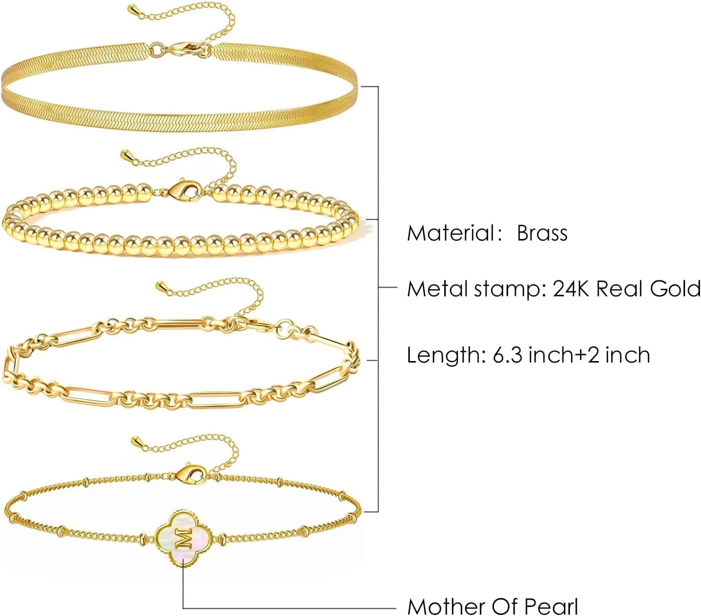 Gold Bracelets for Women, 24K Real Gold Plated A-Z Letter Sets Link Chain Bracelets Stack, Trendy Adjustable Bracelets Dainty Jewelry