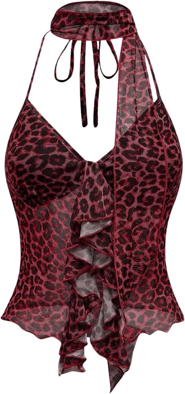 GORGLITTER Women's Cheetah Animal Print Halter Top Mesh Leopard Going Out Tops Open Back V Neck Sleeveless Cami