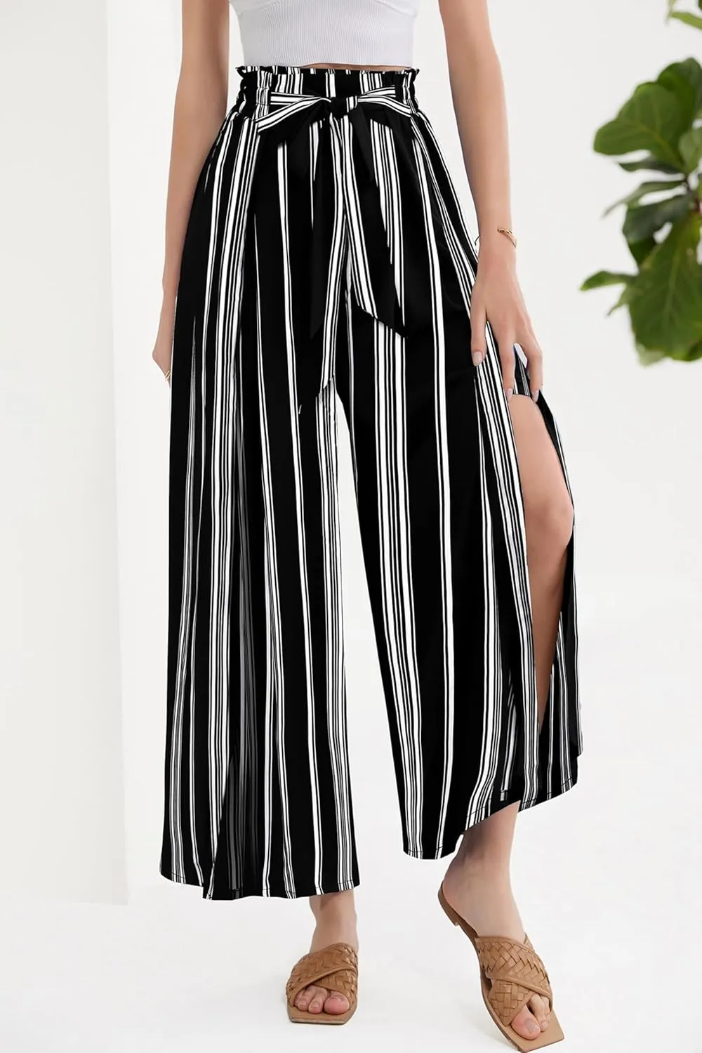 GRACE KARIN Women's Wide Leg Pants with Pockets Lightweight High Waisted Tie Knot Caual Loose Split Flowy Palazzo Trousers