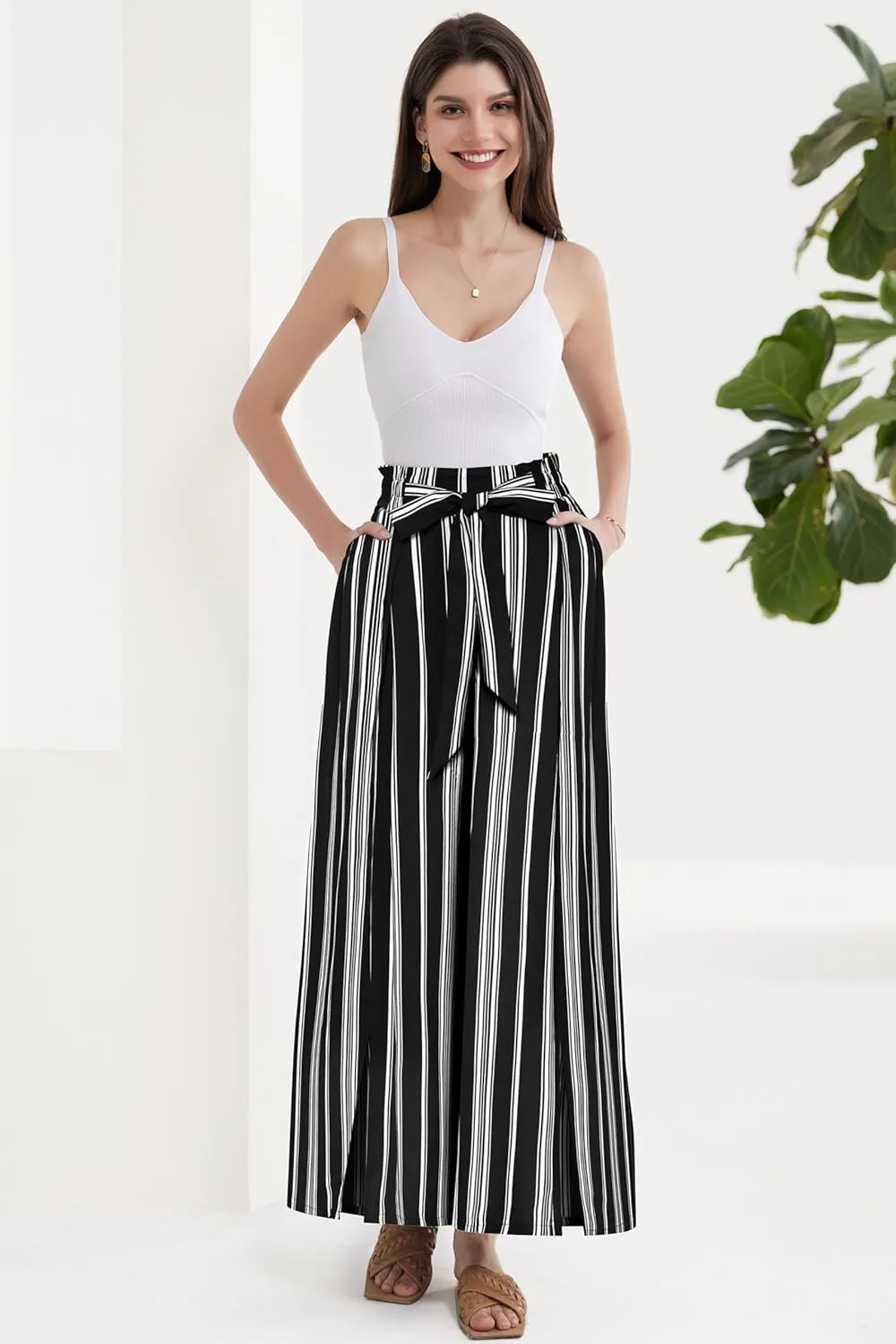 GRACE KARIN Women's Wide Leg Pants with Pockets Lightweight High Waisted Tie Knot Caual Loose Split Flowy Palazzo Trousers