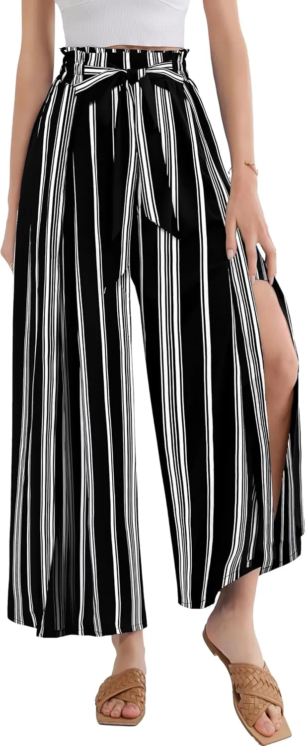 GRACE KARIN Women's Wide Leg Pants with Pockets Lightweight High Waisted Tie Knot Caual Loose Split Flowy Palazzo Trousers