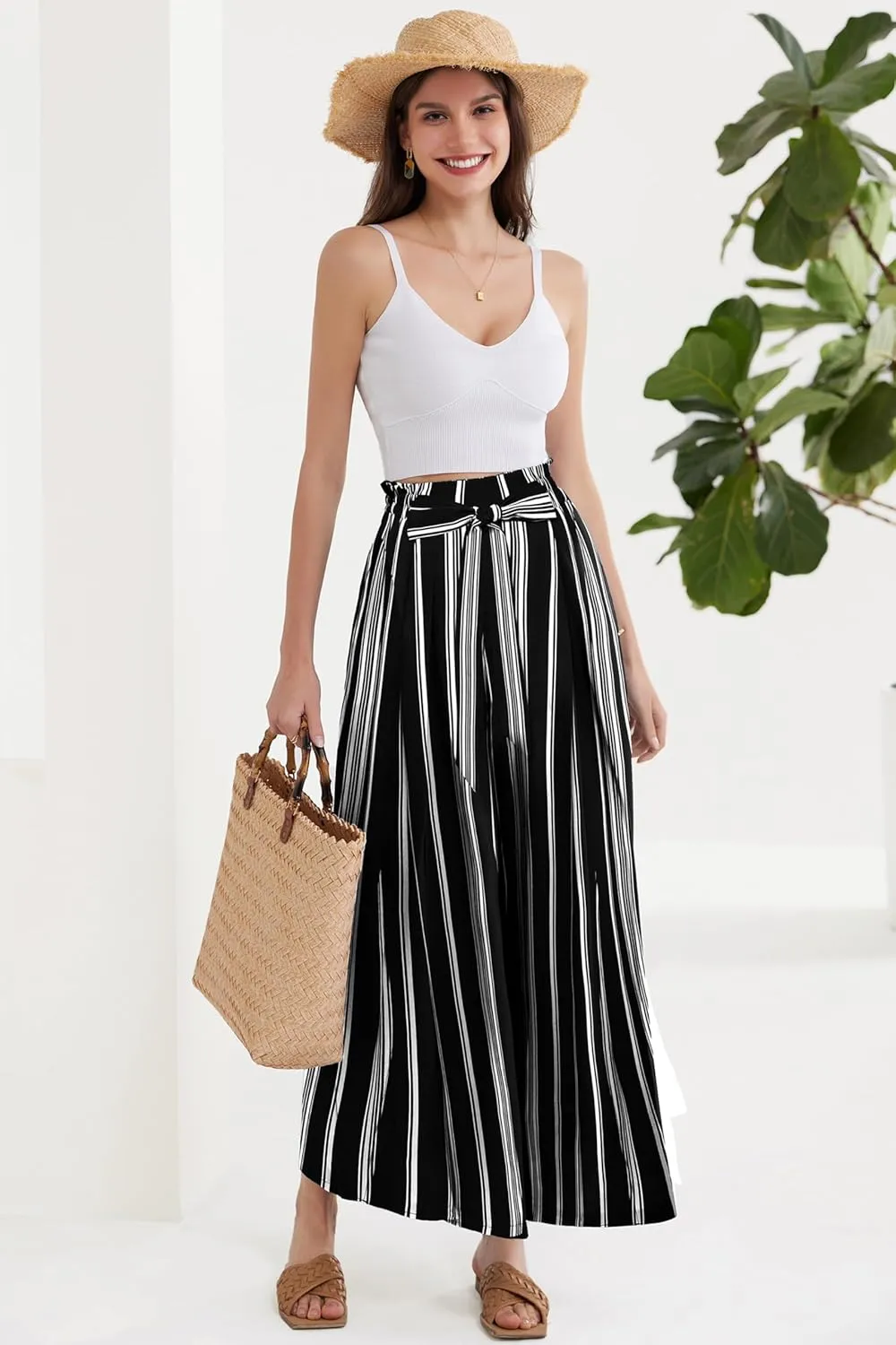 GRACE KARIN Women's Wide Leg Pants with Pockets Lightweight High Waisted Tie Knot Caual Loose Split Flowy Palazzo Trousers