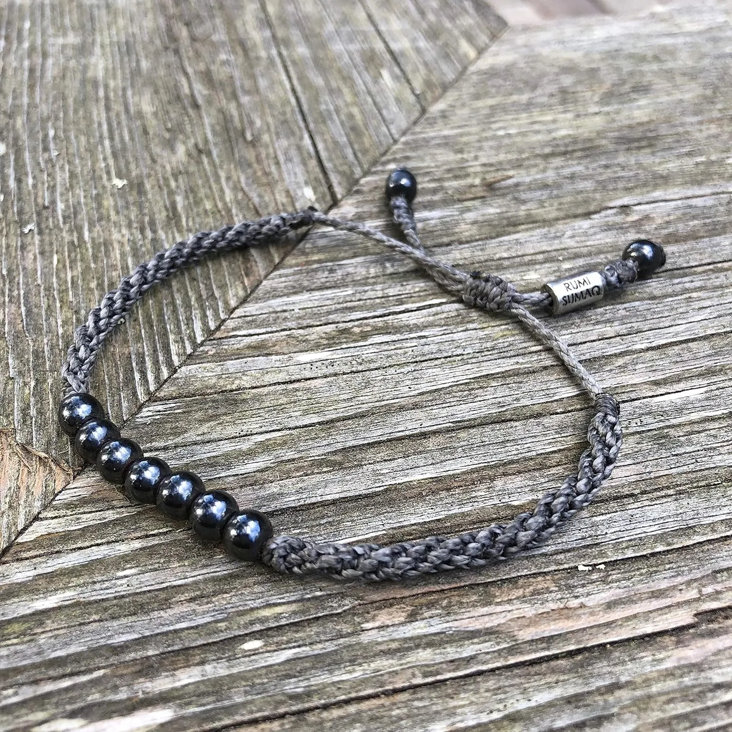 Gray Rope Beaded Hematite Bracelet - Handmade Woven Pull Cord Drawstring Size Adjustable for Men and Women by RUMI SUMAQ Jewelry