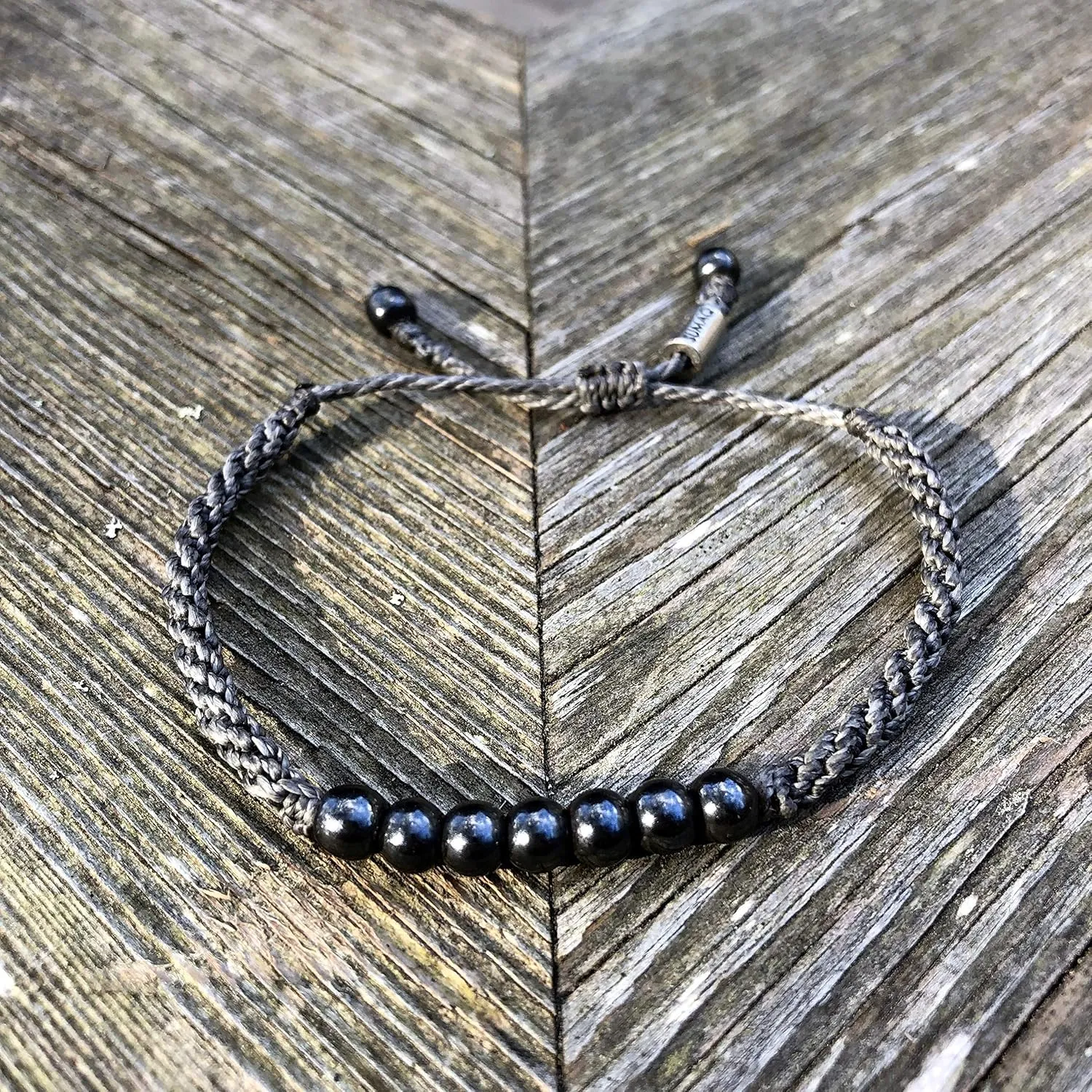 Gray Rope Beaded Hematite Bracelet - Handmade Woven Pull Cord Drawstring Size Adjustable for Men and Women by RUMI SUMAQ Jewelry