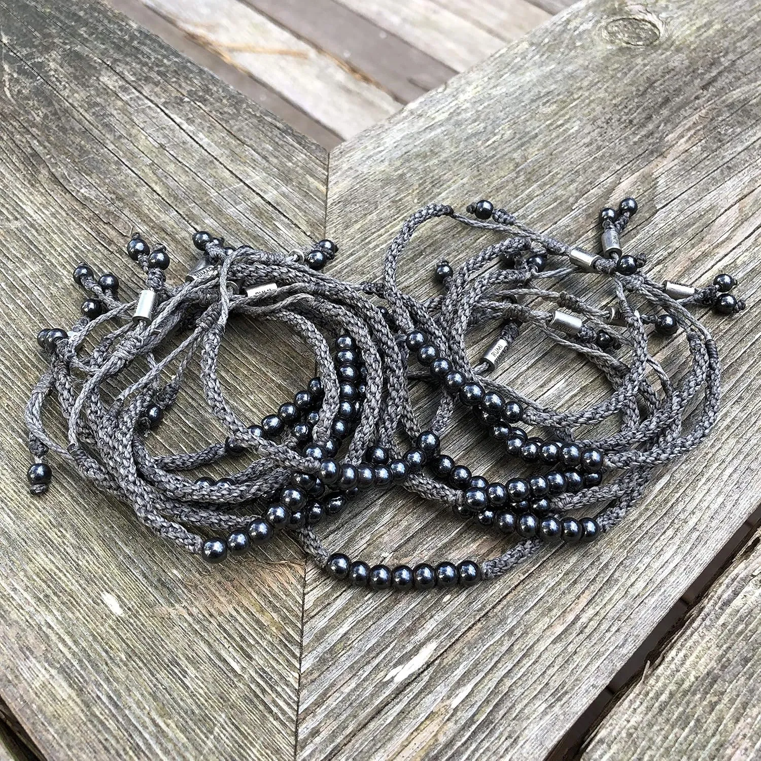 Gray Rope Beaded Hematite Bracelet - Handmade Woven Pull Cord Drawstring Size Adjustable for Men and Women by RUMI SUMAQ Jewelry