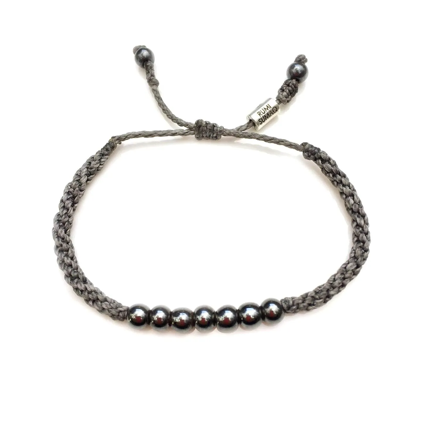 Gray Rope Beaded Hematite Bracelet - Handmade Woven Pull Cord Drawstring Size Adjustable for Men and Women by RUMI SUMAQ Jewelry