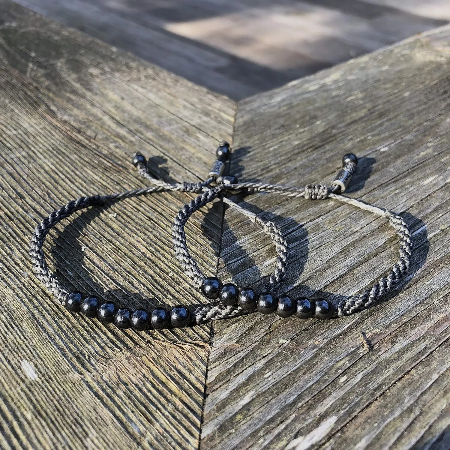 Gray Rope Beaded Hematite Bracelet - Handmade Woven Pull Cord Drawstring Size Adjustable for Men and Women by RUMI SUMAQ Jewelry