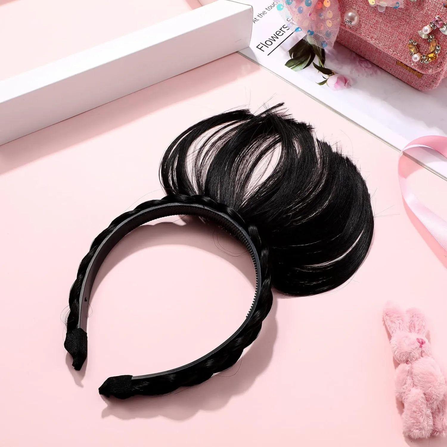 Hairband Braids with Bangs, Adjustable Headband, Hairband Braids for Women Girls (Black) Fake Bangs Black Headband
