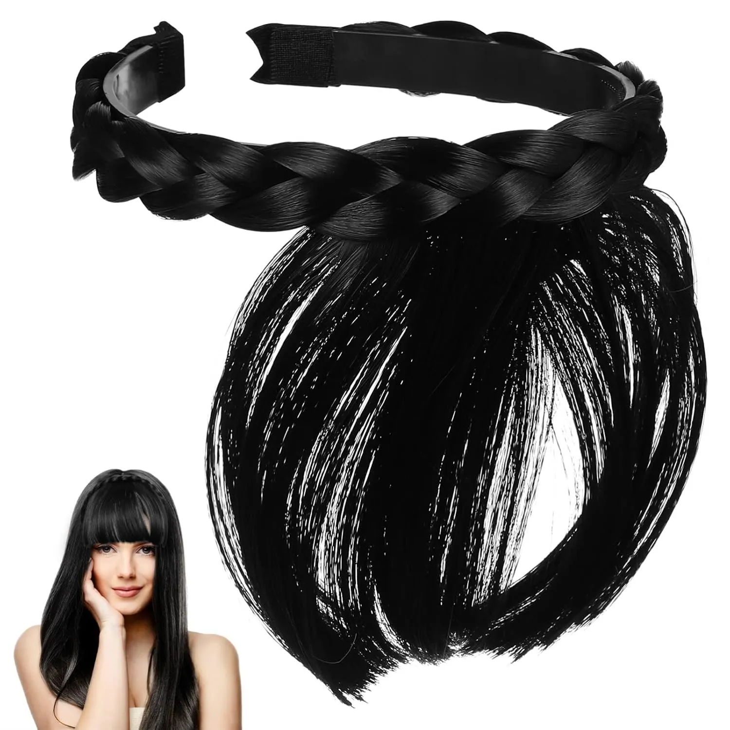 Hairband Braids with Bangs, Adjustable Headband, Hairband Braids for Women Girls (Black) Fake Bangs Black Headband