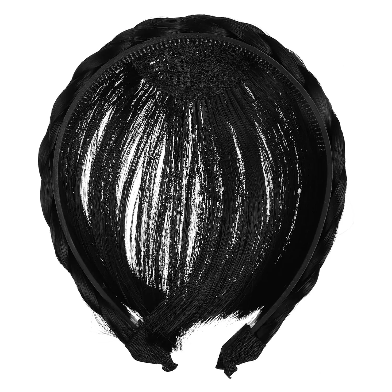 Hairband Braids with Bangs, Adjustable Headband, Hairband Braids for Women Girls (Black) Fake Bangs Black Headband