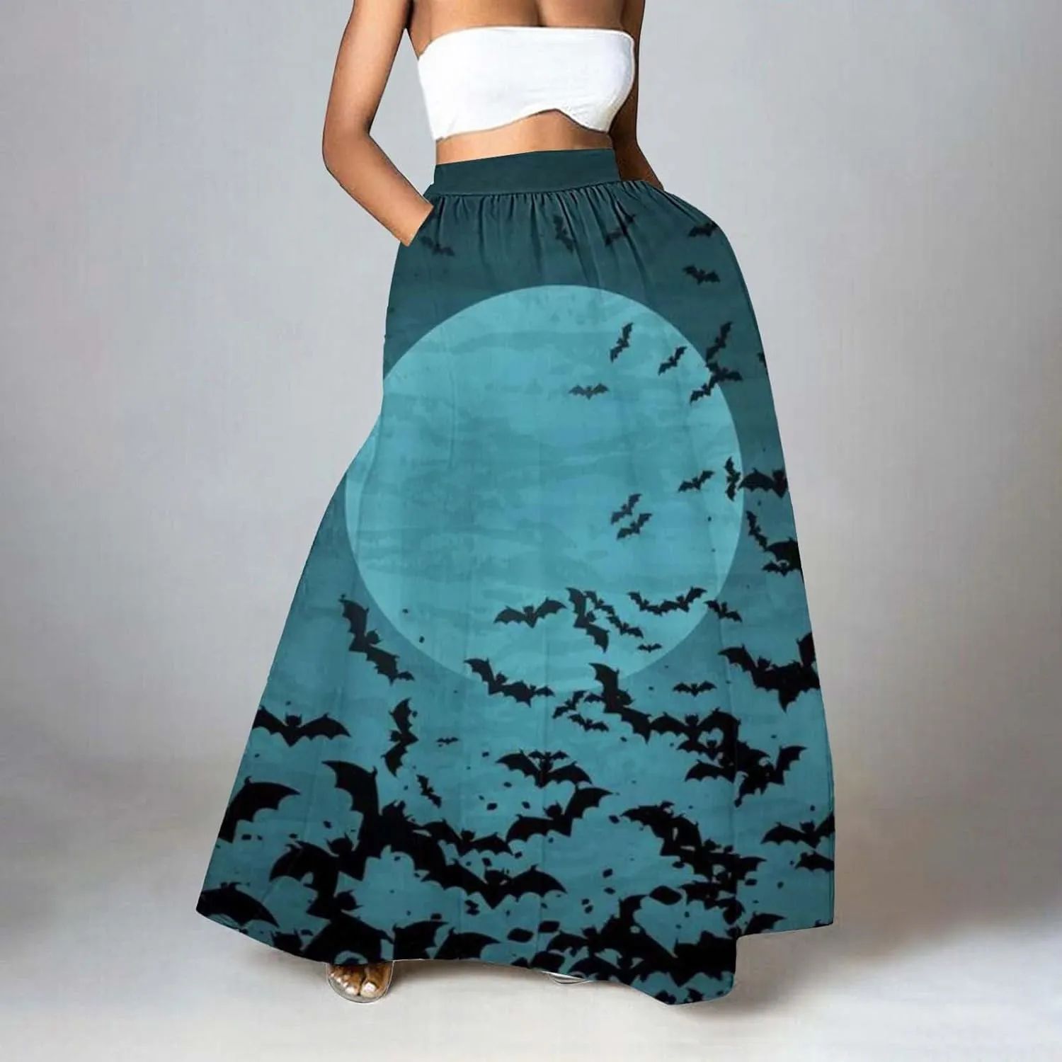 Halloween Tutu for Women High Waist Party Beach Pocket Long Maxi Skirt Halloween Party Hippie Clothes for Women