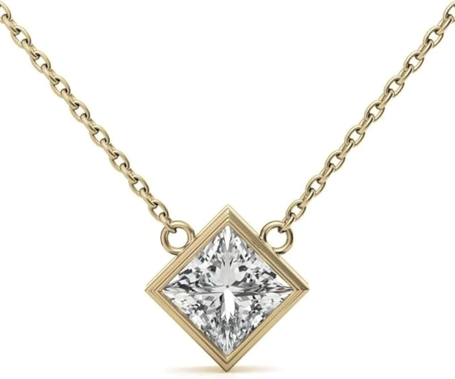 Handmade Real 925 Sterling Silver 14K Yellow Gold Plated Princess Cut White Diamond Single Stone Fashion Pendant Necklace Jewelry Christmas Gifts for Women