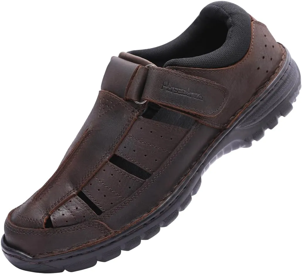 Harssidanzar Mens Closed Toe Sandals,Genuine Leather Comfortable Adjustable Fisherman Beach Sandals Shoes For Outdoor Walking Driving KM227US