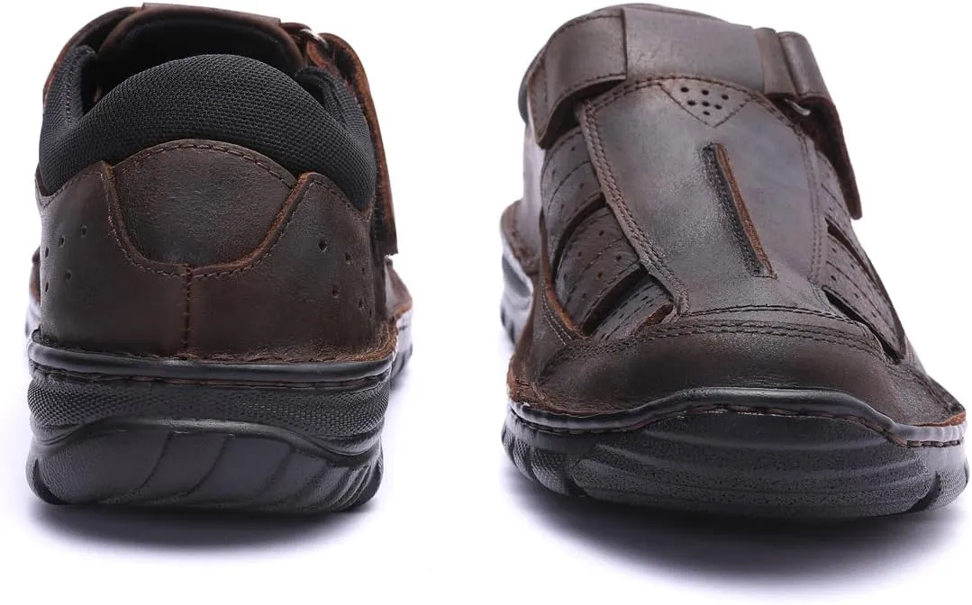 Harssidanzar Mens Closed Toe Sandals,Genuine Leather Comfortable Adjustable Fisherman Beach Sandals Shoes For Outdoor Walking Driving KM227US