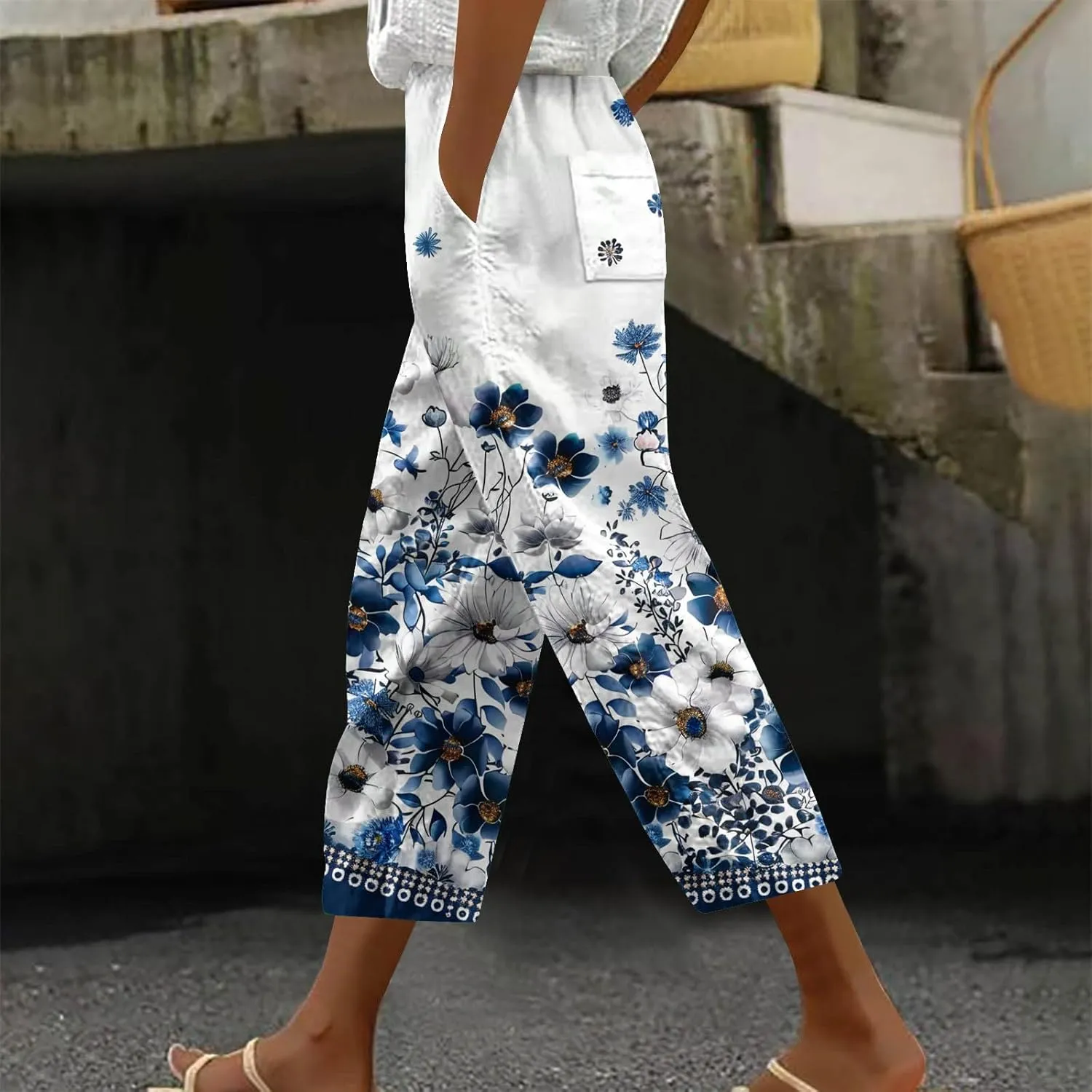 Hawaii Capri Pants for Women Casual Tropical Floral Print Pants Elastic High Waist Drawstring Summer Beach Trousers
