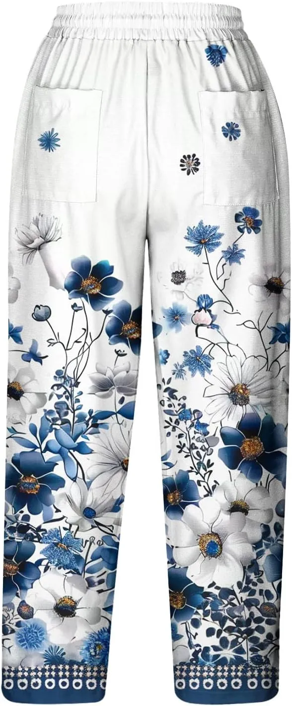 Hawaii Capri Pants for Women Casual Tropical Floral Print Pants Elastic High Waist Drawstring Summer Beach Trousers