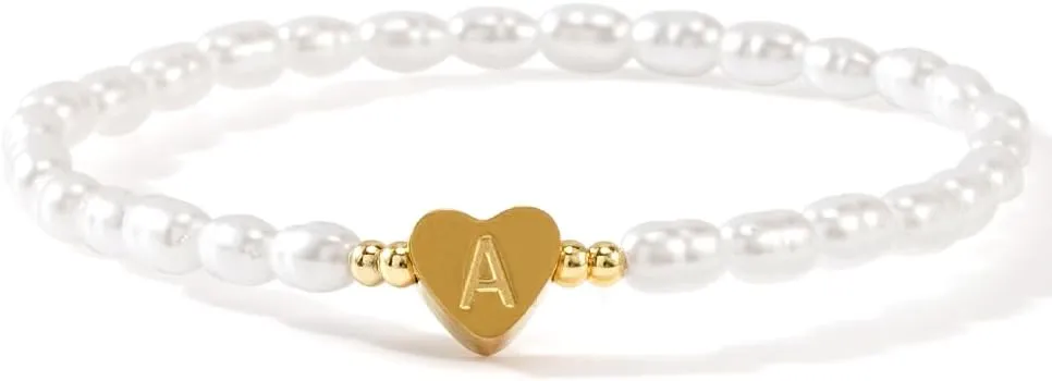Heart Initial Pearl Beaded Bracelet for Women Dainty Gold Plated A Charm Bracelet,Handmade Boho Stretch Bracelet Trendy Jewelry Gift Friendship