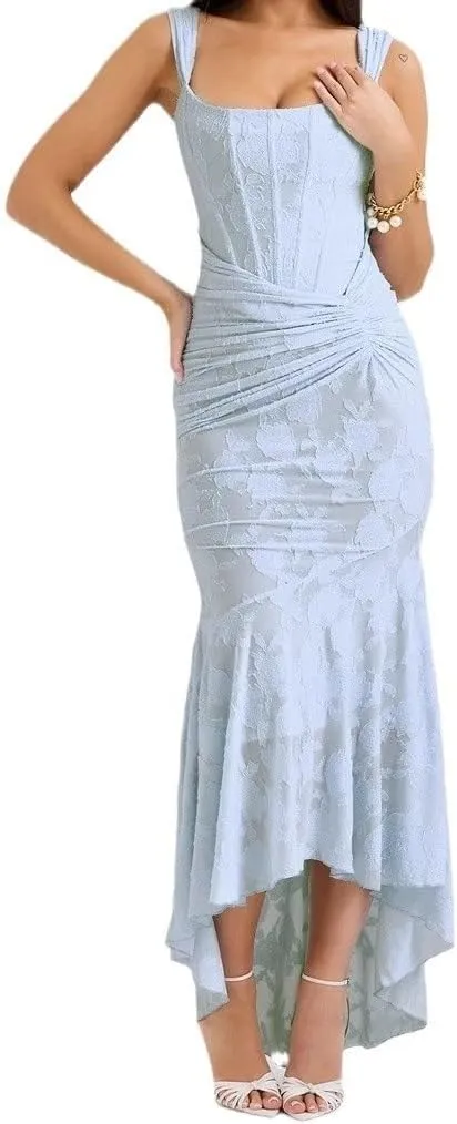 HENGEN 2025 Summer New Sexy and Fashionable One Neck Strapless, Hip Hugging, Fish Tail Long Skirt for Women(Blue,Medium)