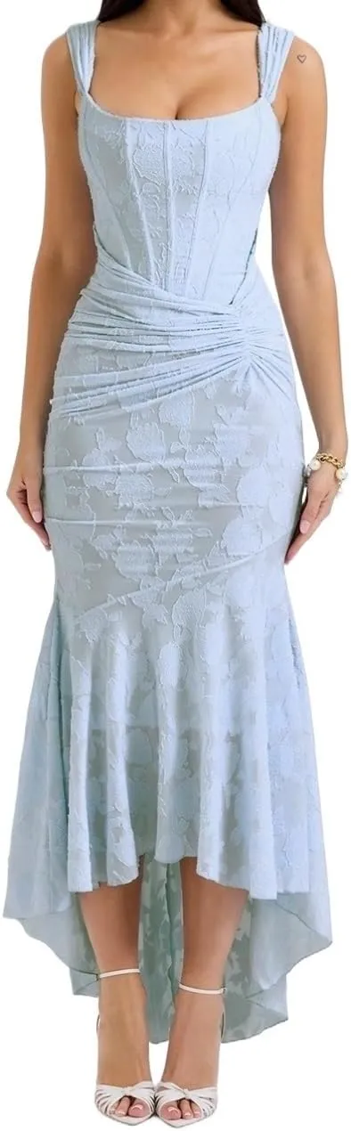 HENGEN 2025 Summer New Sexy and Fashionable One Neck Strapless, Hip Hugging, Fish Tail Long Skirt for Women(Blue,Medium)
