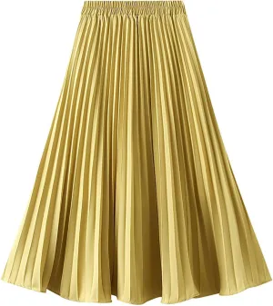 HGps8w Women Elegant Pleated Skirt Solid Color High Elastic Waist Midi Swing A-line Skirts