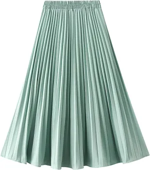 HGps8w Women Elegant Pleated Skirt Solid Color High Elastic Waist Midi Swing A-line Skirts