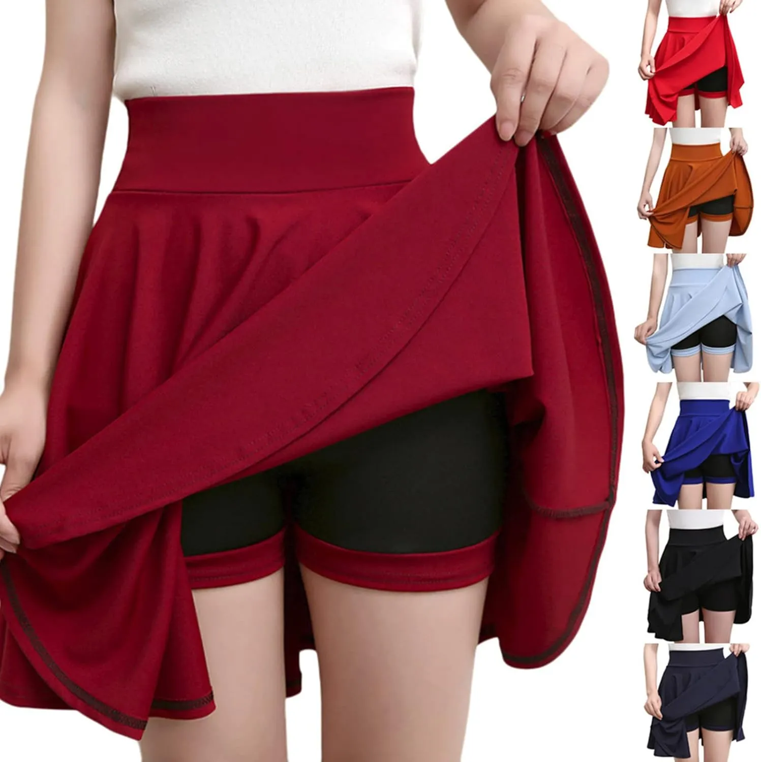 HGps8w Women's Basic A-Line Skirts Versatile Stretchy High Waisted Flared Casual Mini Skater Skirt with Under Shorts