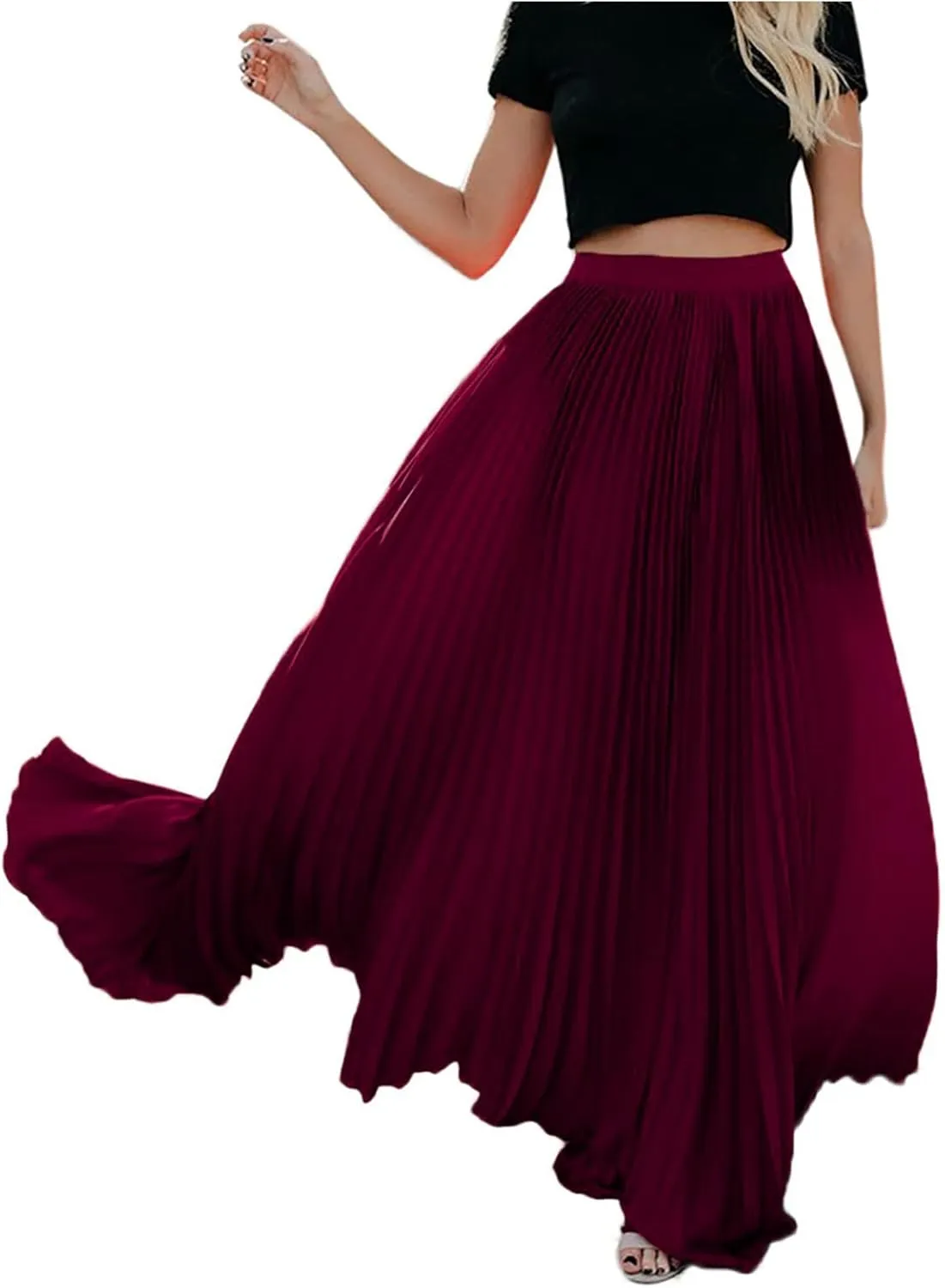 HGps8w Women's Flowy Pleated Maxi Skirt 2025 Summer Vintage Elegant High Waisted Plain Long Skirts