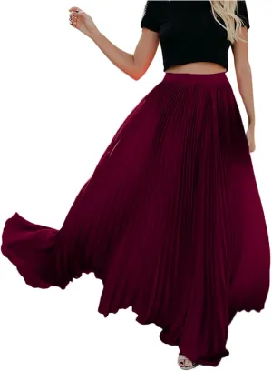 HGps8w Women's Flowy Pleated Maxi Skirt 2025 Summer Vintage Elegant High Waisted Plain Long Skirts