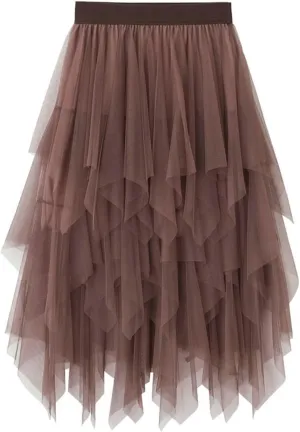 High Waisted Skirts for Women Elegant Peplum Sheer Mesh Bohemian Midi Length Flowy Skirt Petal-Like Layered