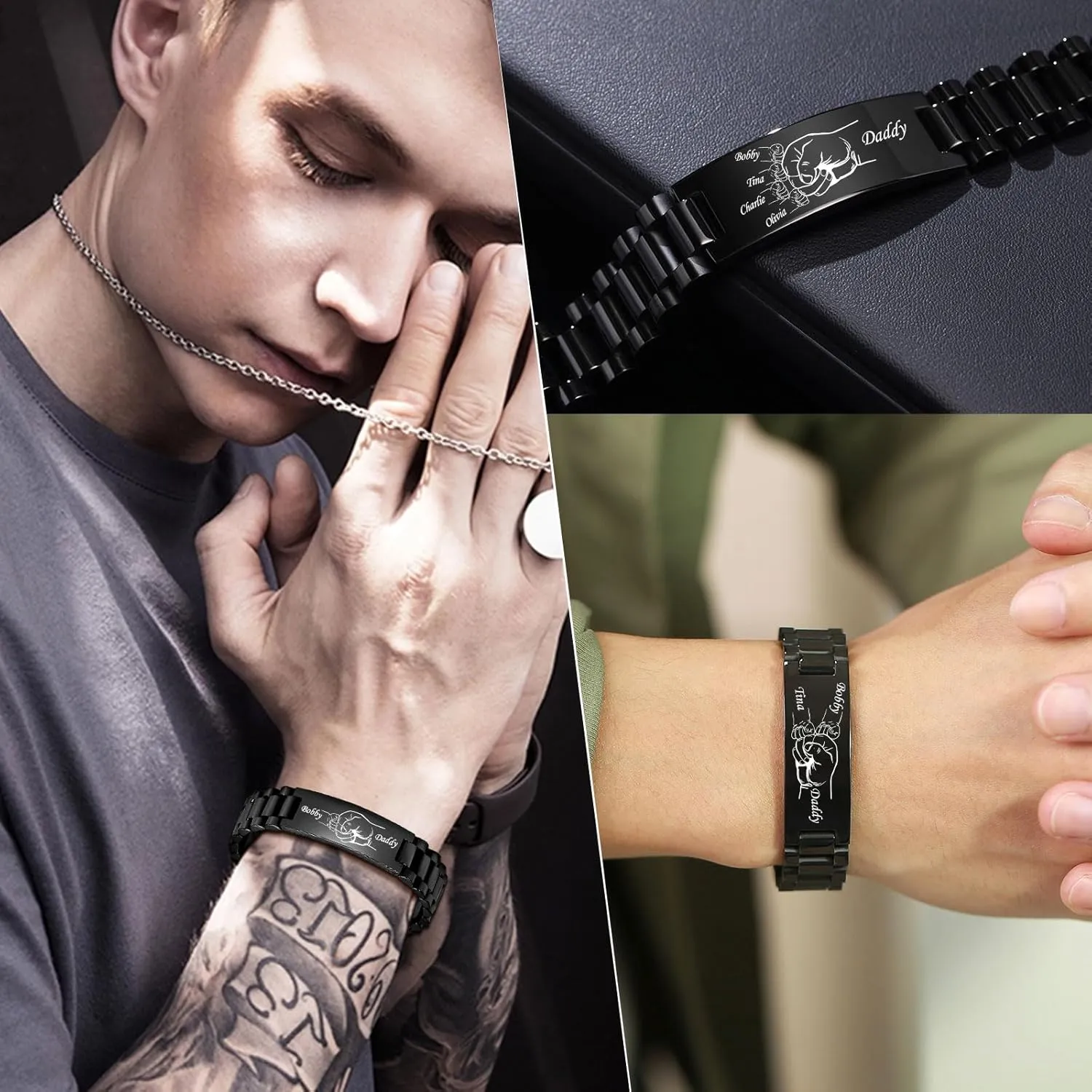 Hisatan Fist Bump Custom Dad Bracelets, Personalized Mens Link Bracelets with Name, Stainless Steel Masculine Fist Bump Gift for Dad Grandpa, Fathers Day Birthday Jewelry