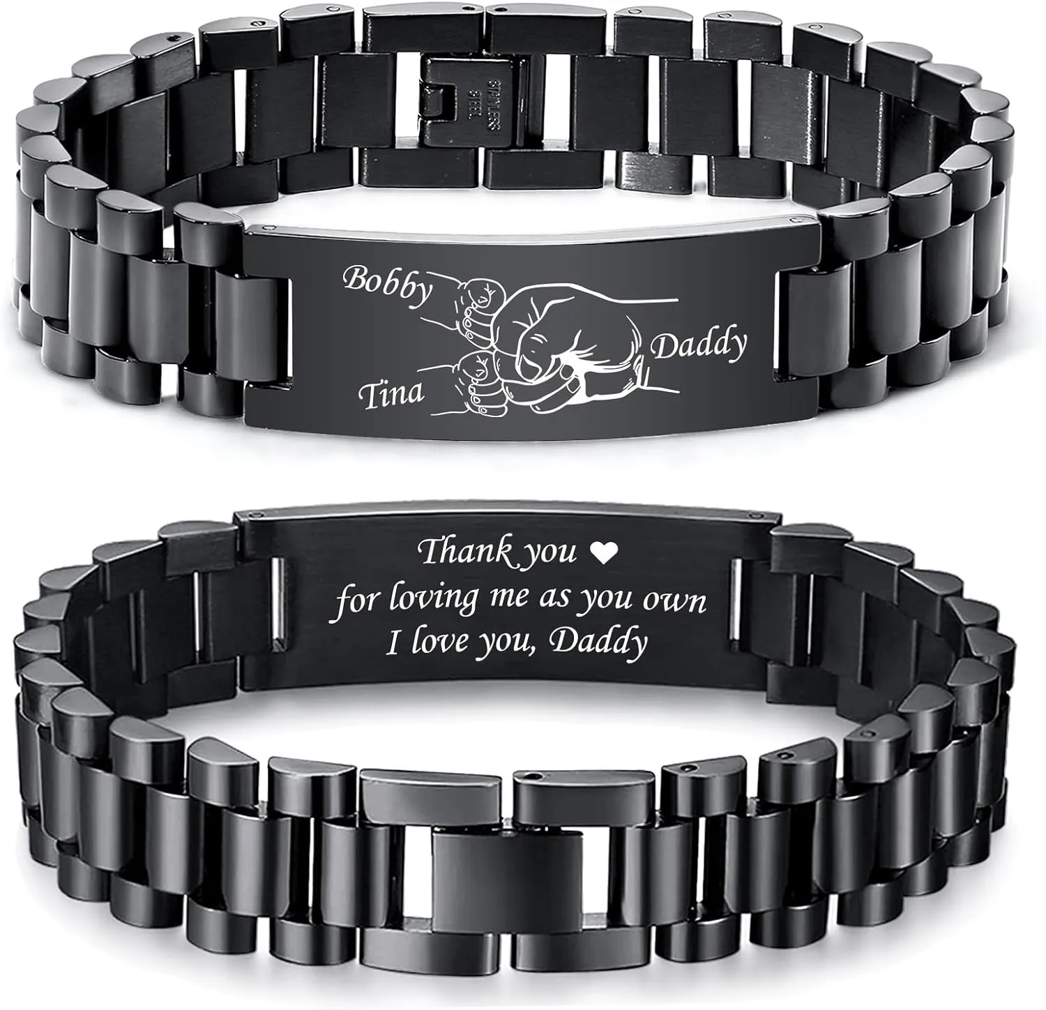 Hisatan Fist Bump Custom Dad Bracelets, Personalized Mens Link Bracelets with Name, Stainless Steel Masculine Fist Bump Gift for Dad Grandpa, Fathers Day Birthday Jewelry