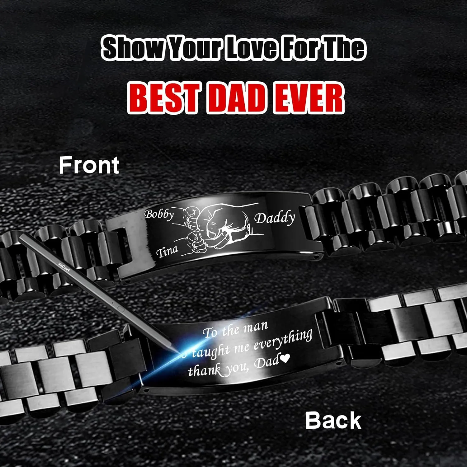 Hisatan Fist Bump Custom Dad Bracelets, Personalized Mens Link Bracelets with Name, Stainless Steel Masculine Fist Bump Gift for Dad Grandpa, Fathers Day Birthday Jewelry