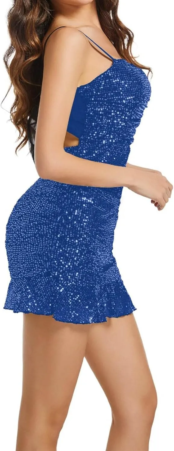 hlysgo Women's Cocktail Dresses Sleeveless Spaghetti Straps Sequin Dress Sparkly Glitter Cute Ruffle Mini Party Dress