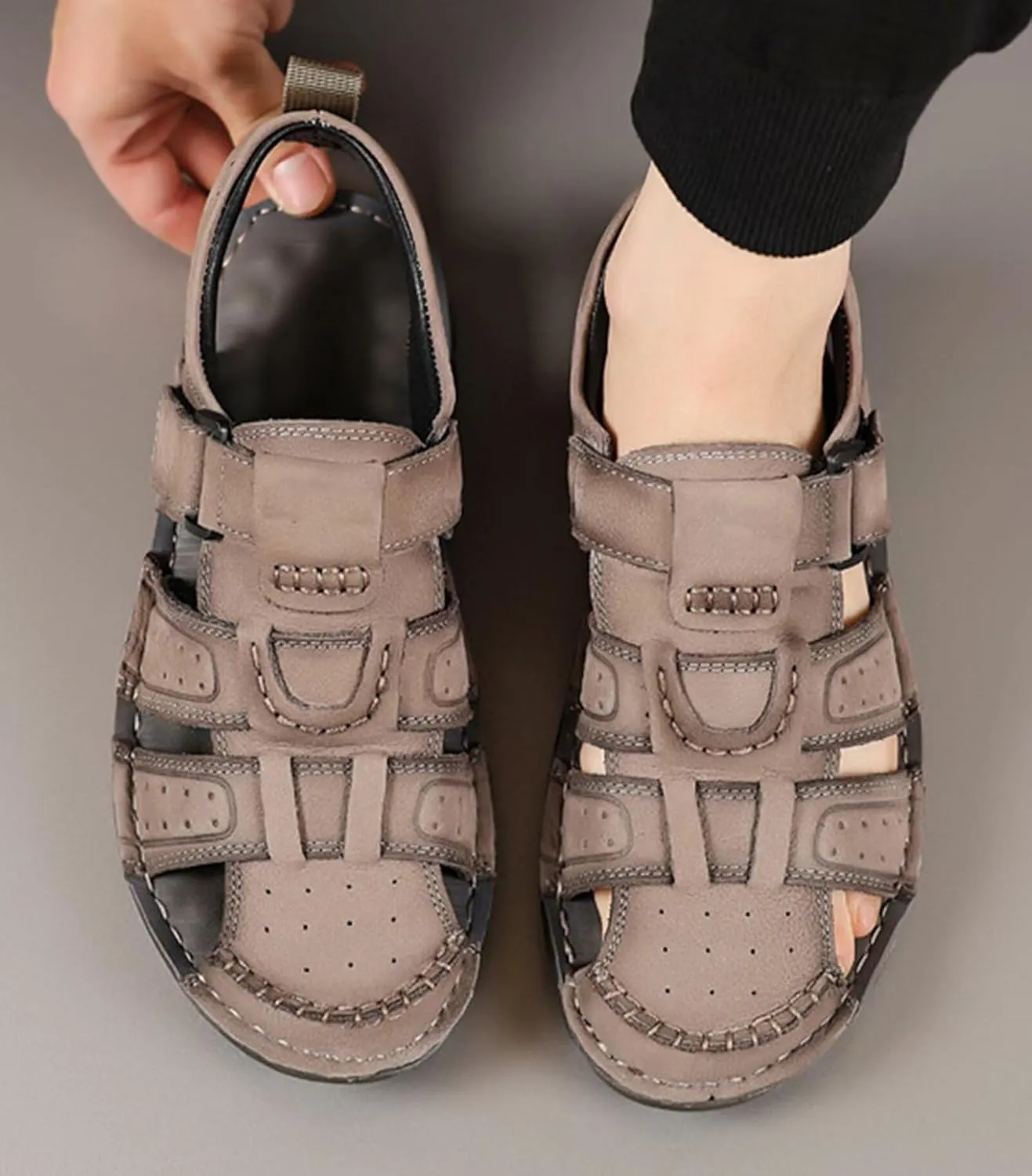 HNVAVQ Men's Sandals Outdoor Leather Fisherman Summer Sport Shoes Walking Beach Sandals Waterproof