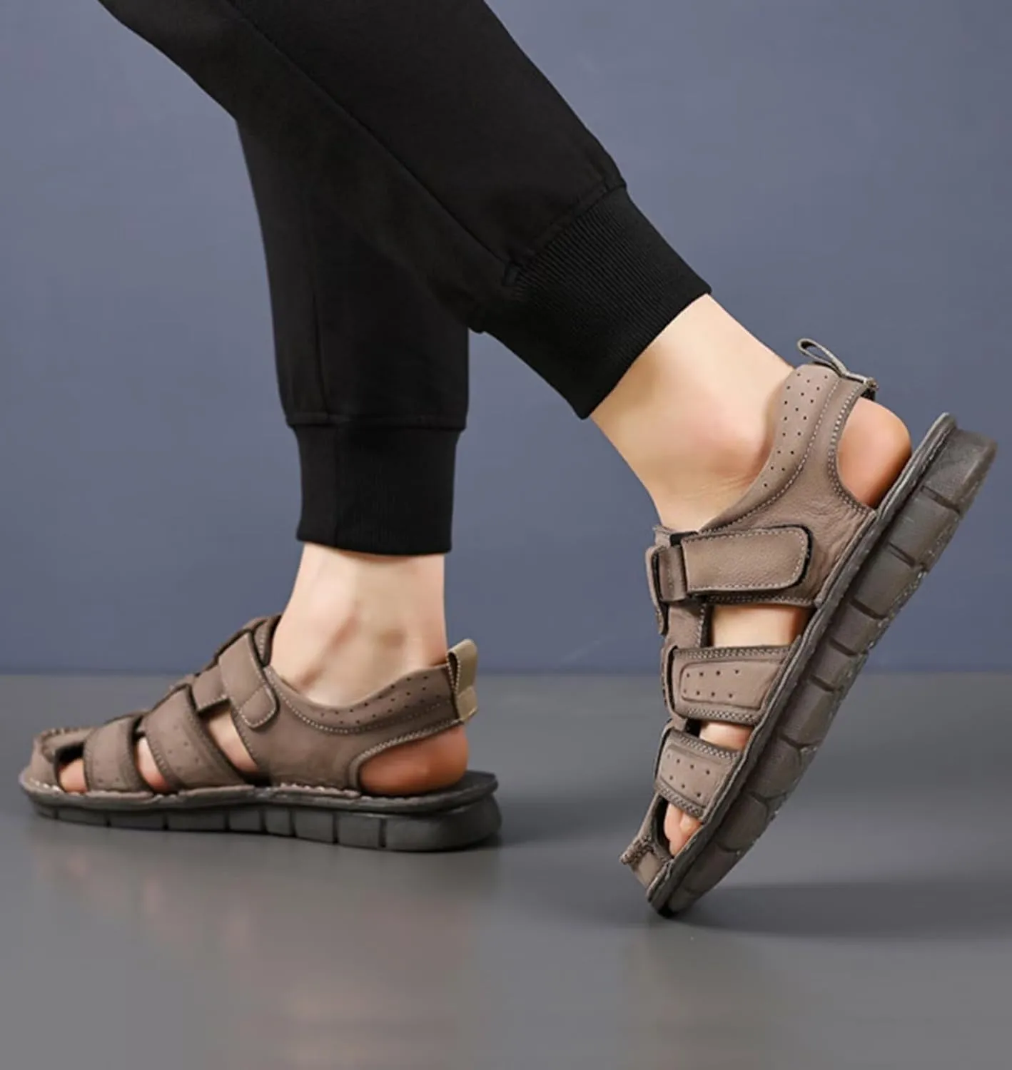 HNVAVQ Men's Sandals Outdoor Leather Fisherman Summer Sport Shoes Walking Beach Sandals Waterproof