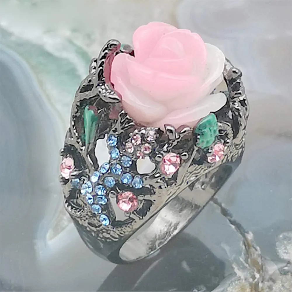 HSQYJ Retro Cocktail Statement Ring Antique Gold and Silver Tone Resin Stone Crystal Stacking Rings Cluster Statement Ring for Men Women