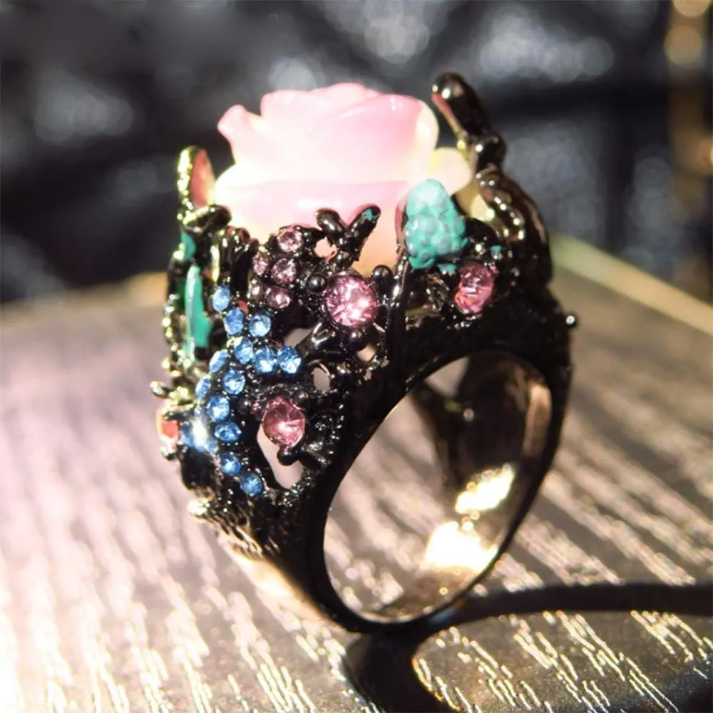 HSQYJ Retro Cocktail Statement Ring Antique Gold and Silver Tone Resin Stone Crystal Stacking Rings Cluster Statement Ring for Men Women