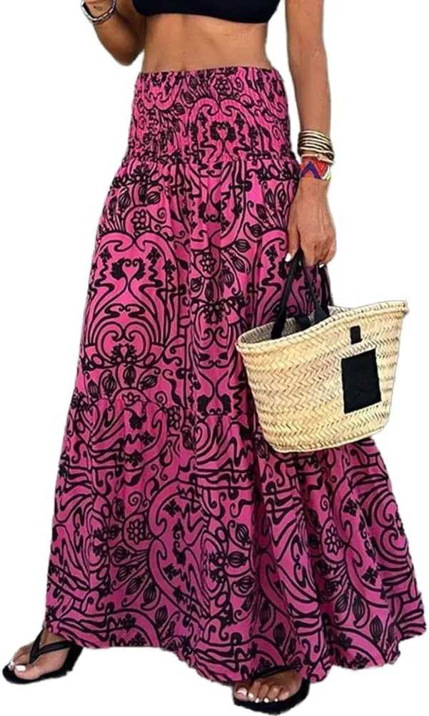 IDEALSANXUN Floral Skirts for Women Spring Summer Casual Flowy A Line Elastic High Waisted Boho Long Maxi Skirt