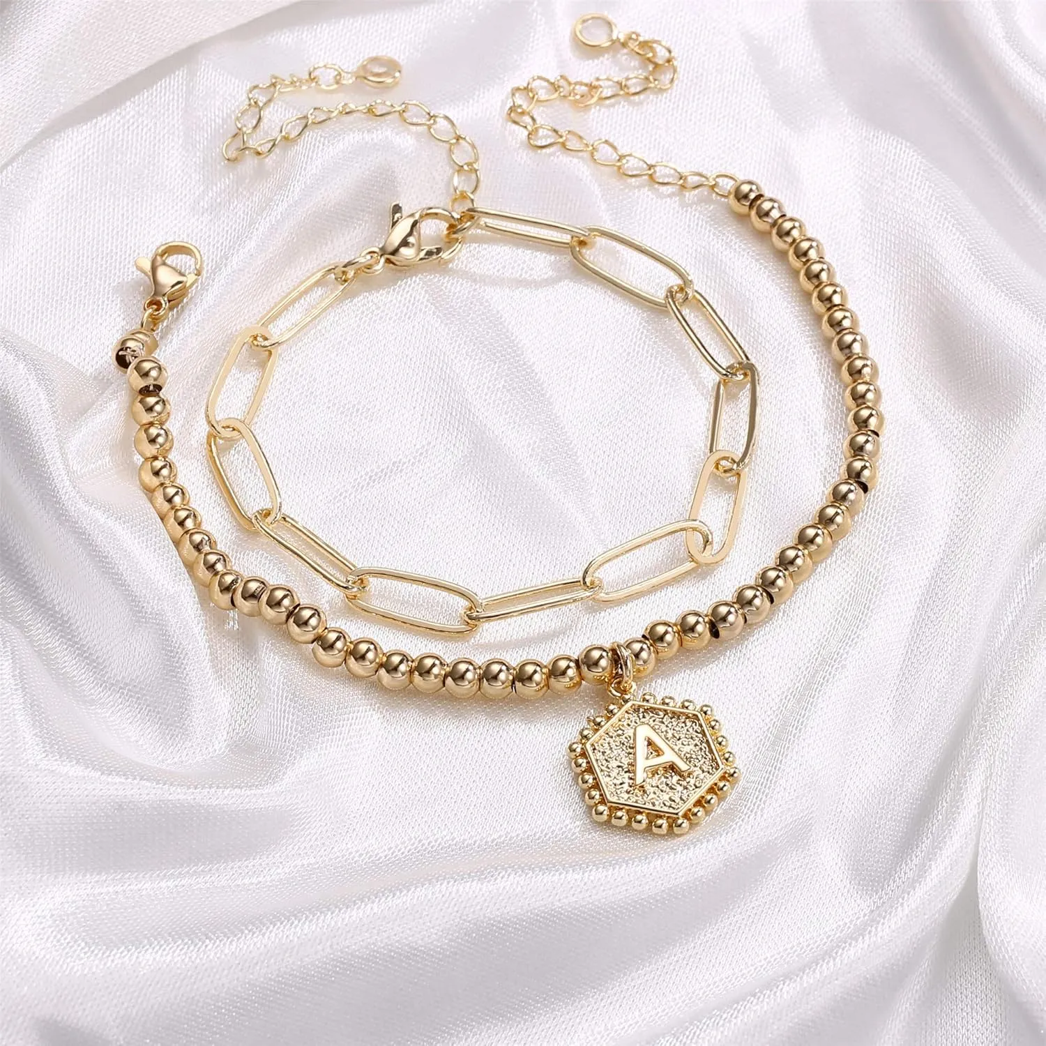 IEFWELL Gold Bracelets for Women Girls - 14K Real Gold Silver Rose Gold Initial Bracelets for Women Teen Girls Layered Paperclip Chain Beaded Bracelets Cute Link Bracelets for Teen Girls Jewelry Gifts