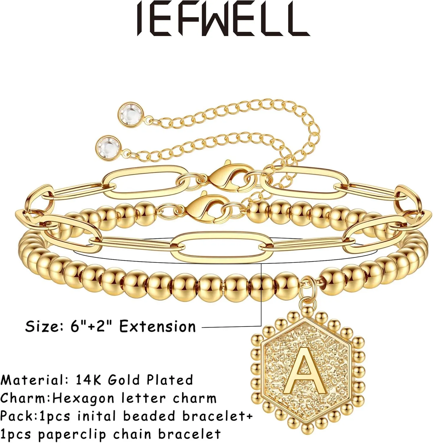 IEFWELL Gold Bracelets for Women Girls - 14K Real Gold Silver Rose Gold Initial Bracelets for Women Teen Girls Layered Paperclip Chain Beaded Bracelets Cute Link Bracelets for Teen Girls Jewelry Gifts