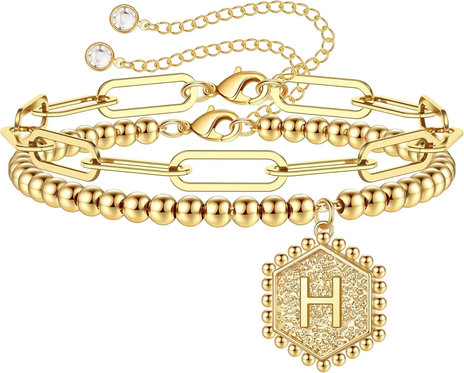 IEFWELL Gold Bracelets for Women Girls - 14K Real Gold Silver Rose Gold Initial Bracelets for Women Teen Girls Layered Paperclip Chain Beaded Bracelets Cute Link Bracelets for Teen Girls Jewelry Gifts