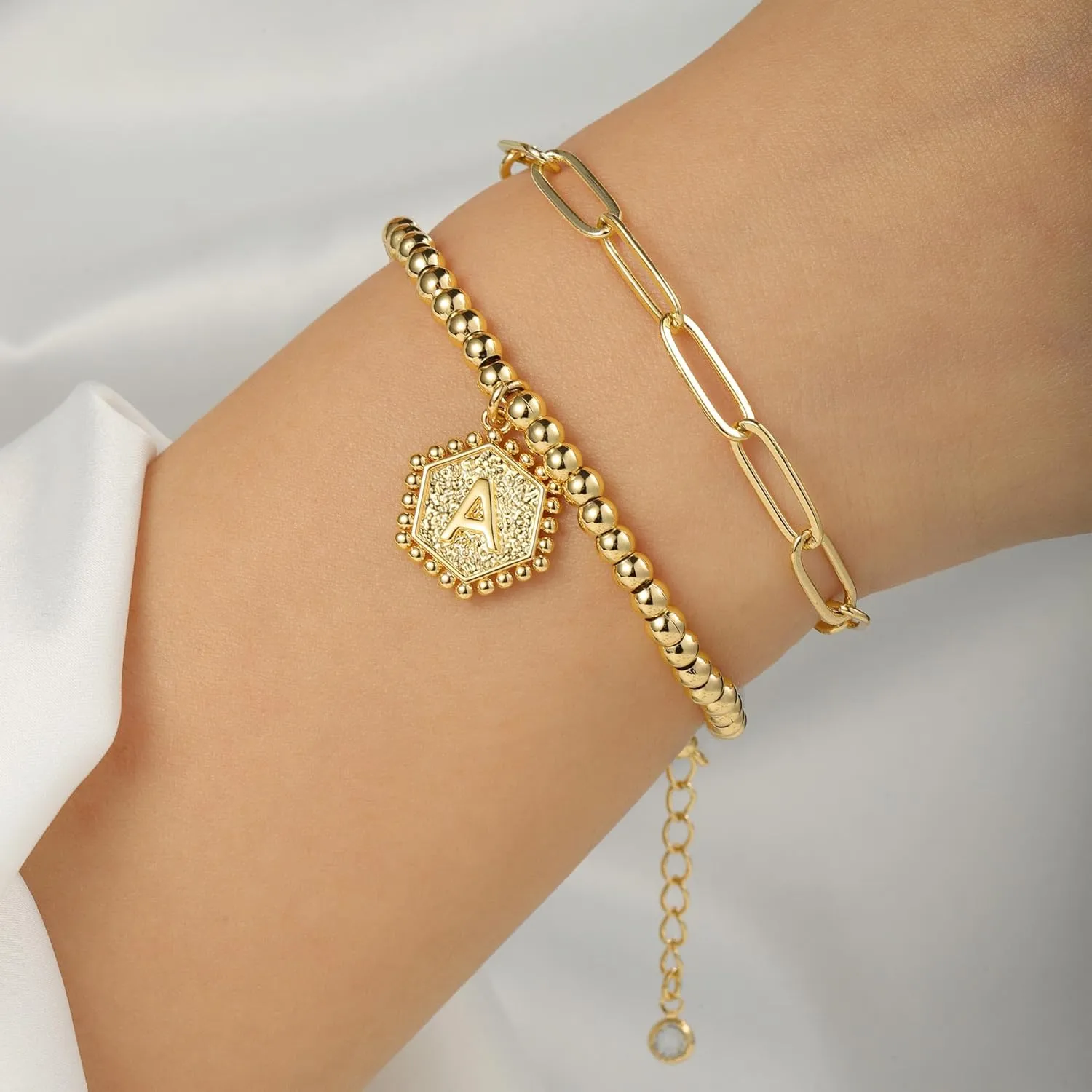 IEFWELL Gold Bracelets for Women Girls - 14K Real Gold Silver Rose Gold Initial Bracelets for Women Teen Girls Layered Paperclip Chain Beaded Bracelets Cute Link Bracelets for Teen Girls Jewelry Gifts