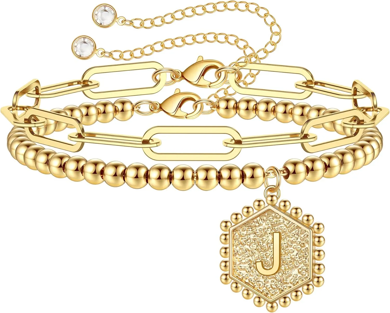 IEFWELL Gold Bracelets for Women Girls - 14K Real Gold Silver Rose Gold Initial Bracelets for Women Teen Girls Layered Paperclip Chain Beaded Bracelets Cute Link Bracelets for Teen Girls Jewelry Gifts