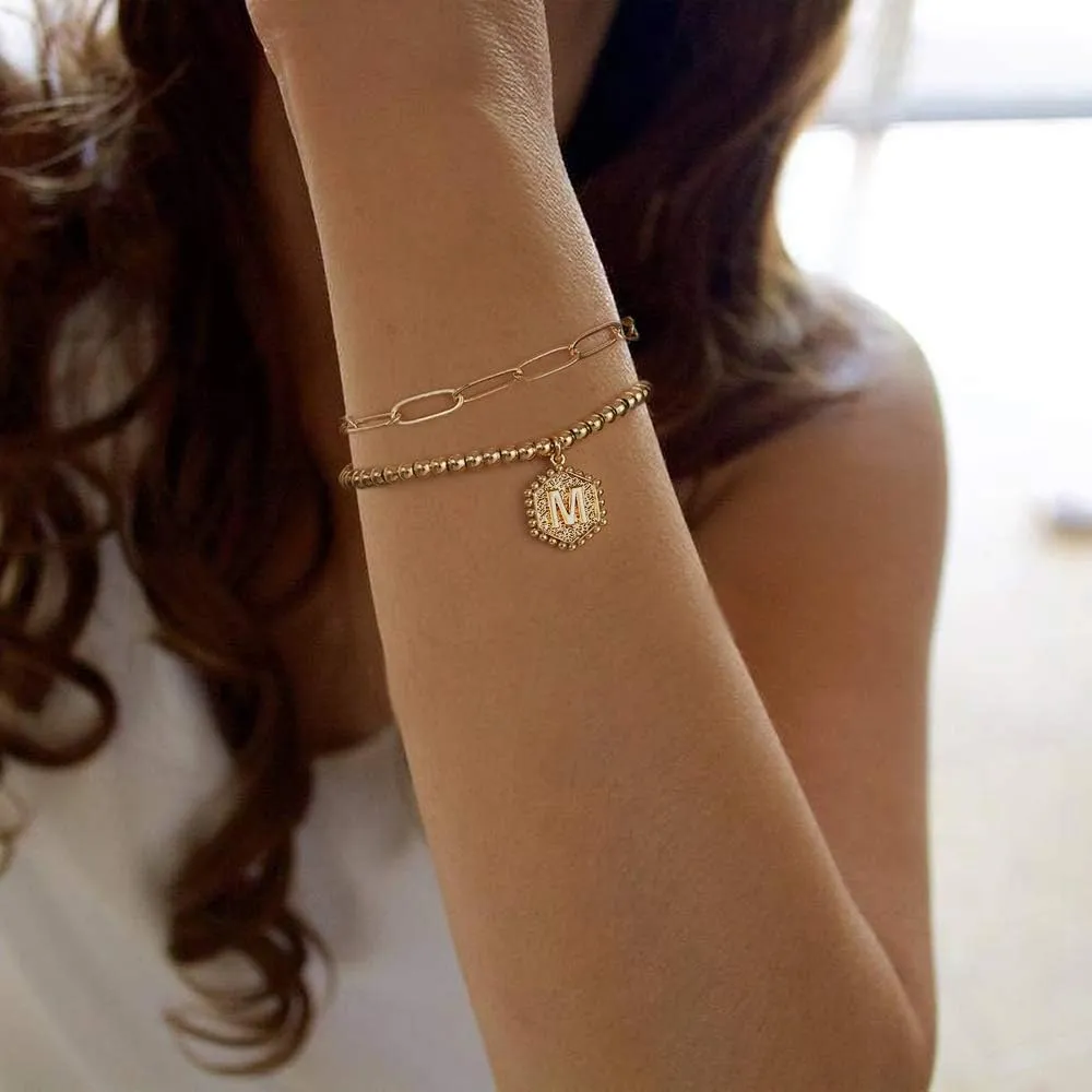 IEFWELL Gold Bracelets for Women Girls - 14K Real Gold Silver Rose Gold Initial Bracelets for Women Teen Girls Layered Paperclip Chain Beaded Bracelets Cute Link Bracelets for Teen Girls Jewelry Gifts