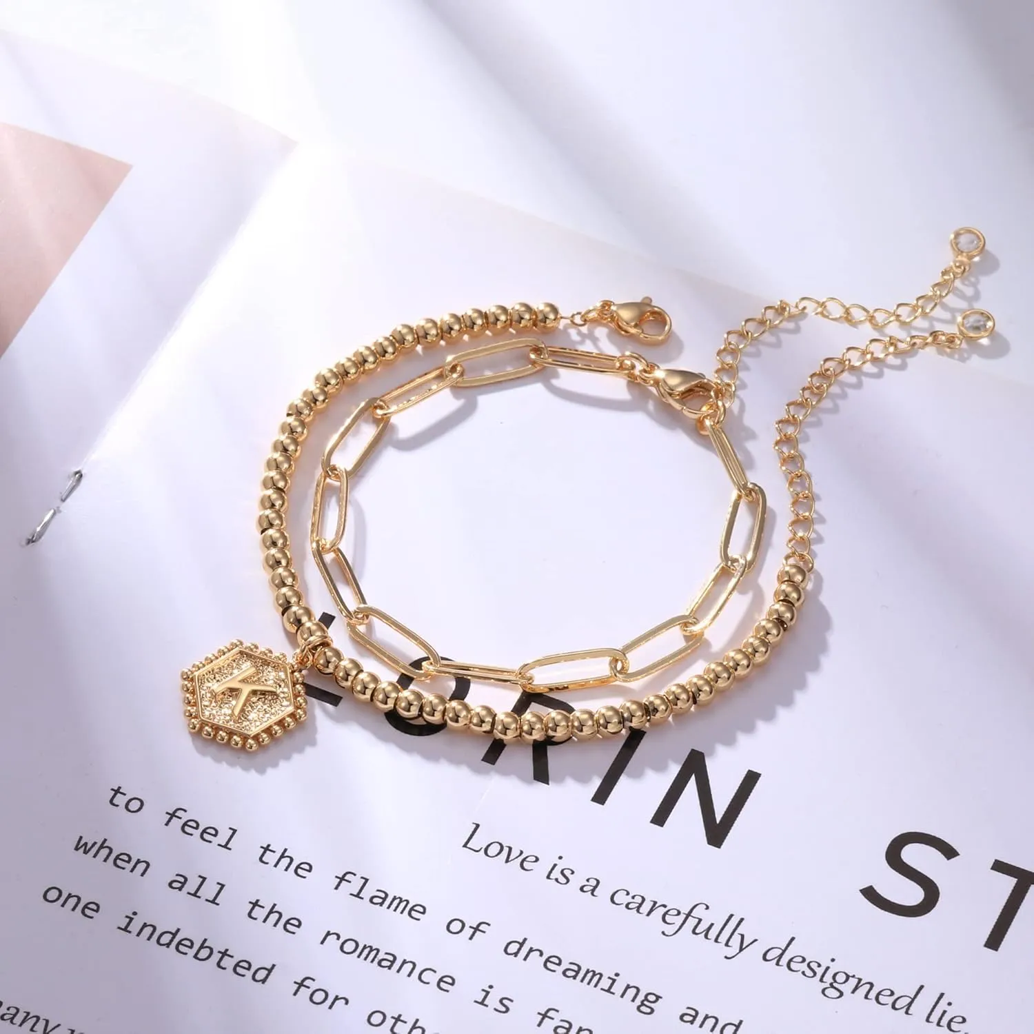 IEFWELL Gold Bracelets for Women Girls - 14K Real Gold Silver Rose Gold Initial Bracelets for Women Teen Girls Layered Paperclip Chain Beaded Bracelets Cute Link Bracelets for Teen Girls Jewelry Gifts